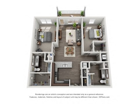 Floor plan for 2 beds, 2 baths, 1215 sqft